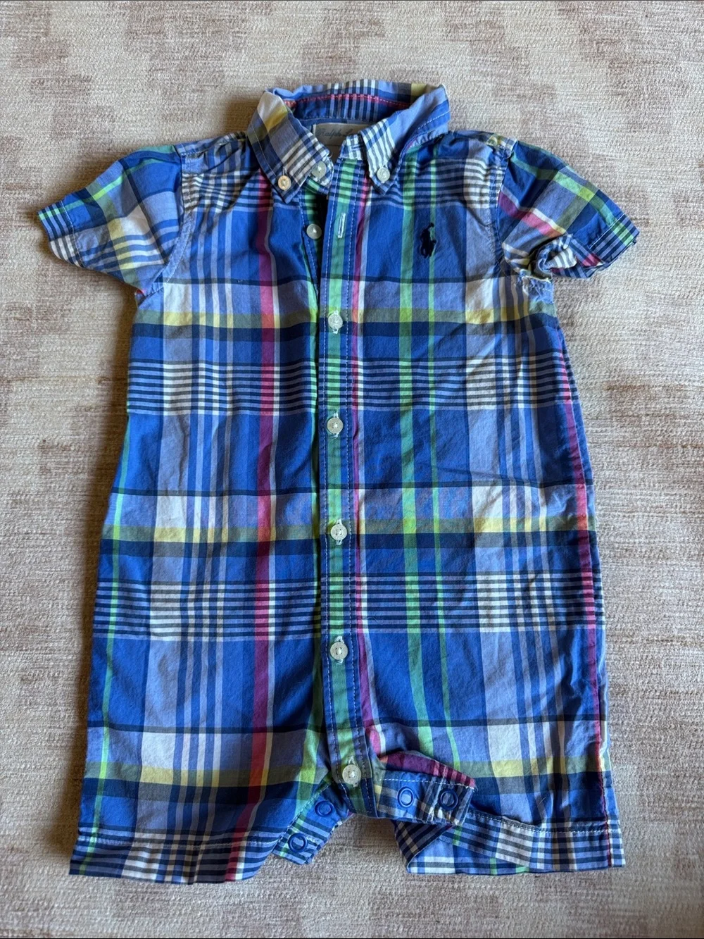 Ralph Lauren Blue Plaid Button-Front Baby Shorts Romper size 9M